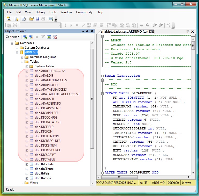 Metadatos em Microsoft SQL Manager Studio